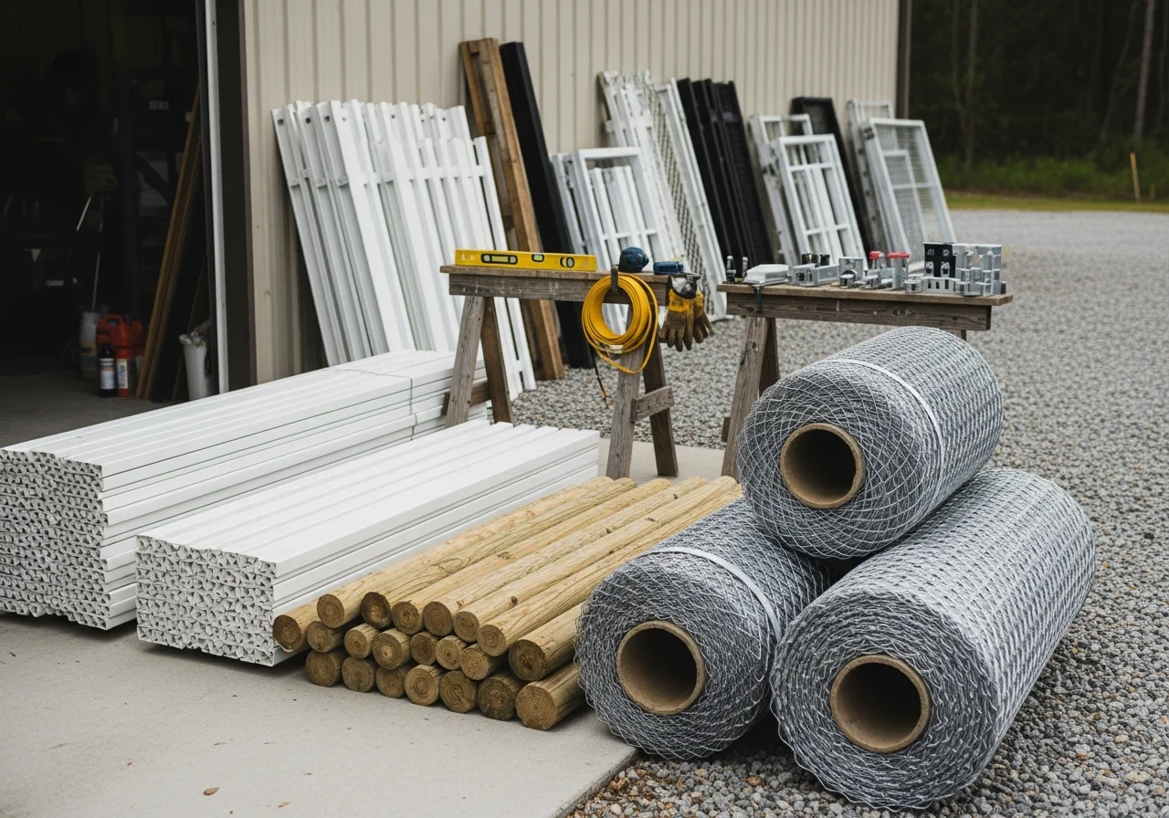 Fencing contractor tools and materials on a work site, showcasing vinyl, wood, and chain-link fencing supplies.
