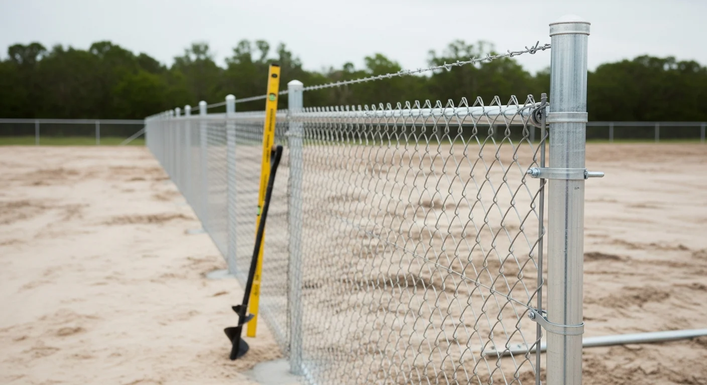 A galvanized chain-link fence installed along the backyard boundary of a residential property in High Springs, Florida. The fence includes a swing gate and runs along a grassy lot with mature trees in the background.