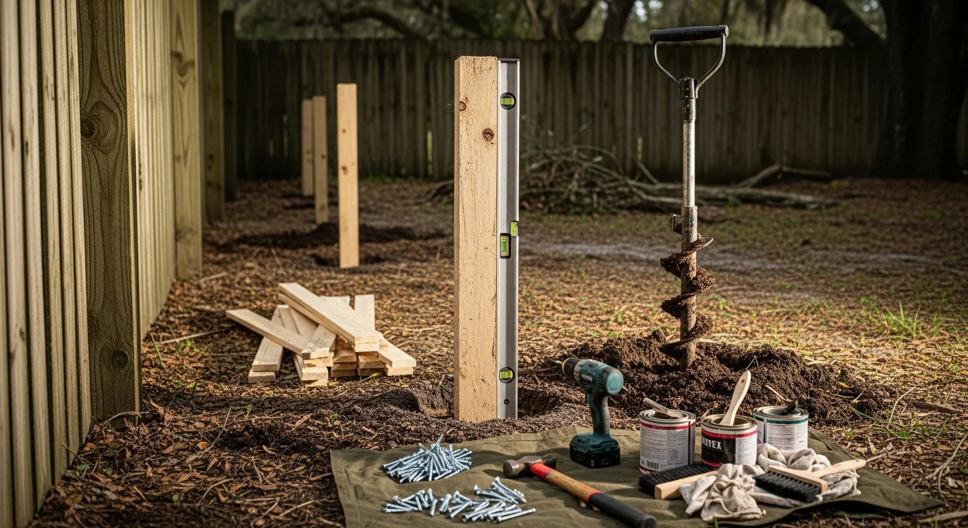 A repaired wood fence with reset posts and straight panels on a residential property in High Springs, Florida. The fence line runs along a green yard typical of Alachua County homes.