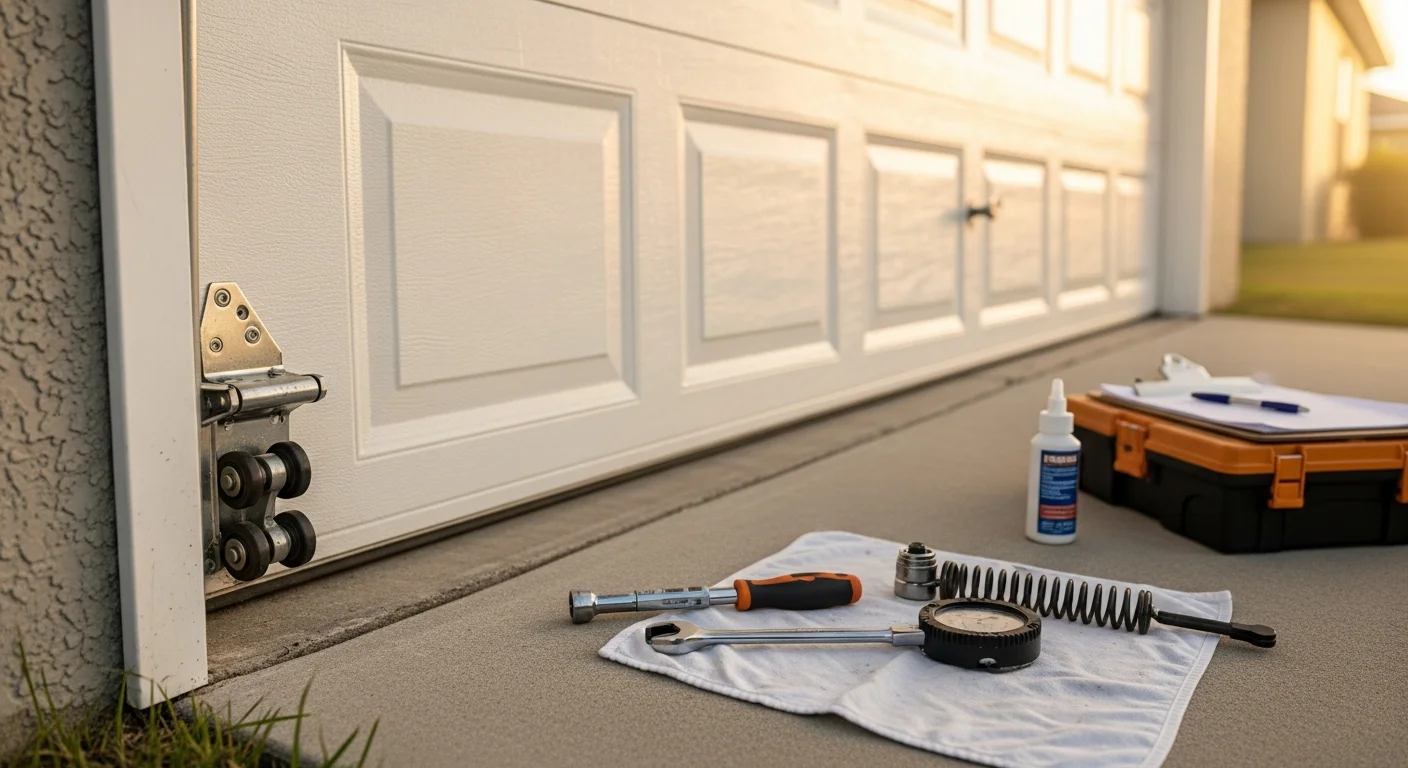 A garage door technician from Joseph Matthews Fencing LLC inspecting springs and rollers on a single-family home in High Springs, Florida. The door panels and hardware show signs of Florida humidity exposure, with the technician checking components during a routine maintenance visit.