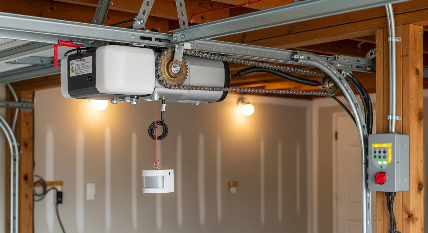 A garage door opener motor unit mounted on the ceiling of a residential garage in High Springs, Florida, with the drive rail and safety sensor wiring visible. A technician inspects the unit during a service call.