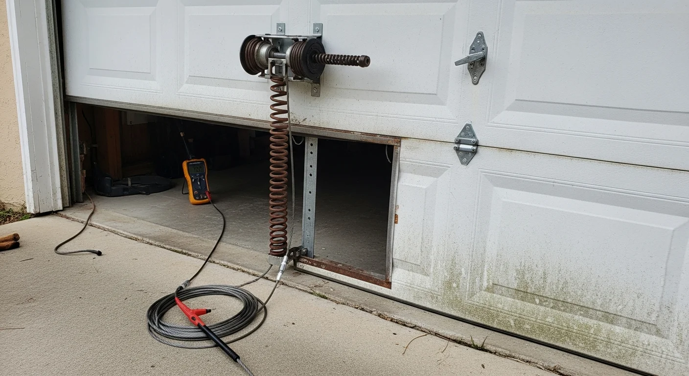 A repaired residential garage door on a single-family home in High Springs, Florida, with aligned tracks and intact panels. A technician's work vehicle is parked in the driveway after completing a spring and roller repair.