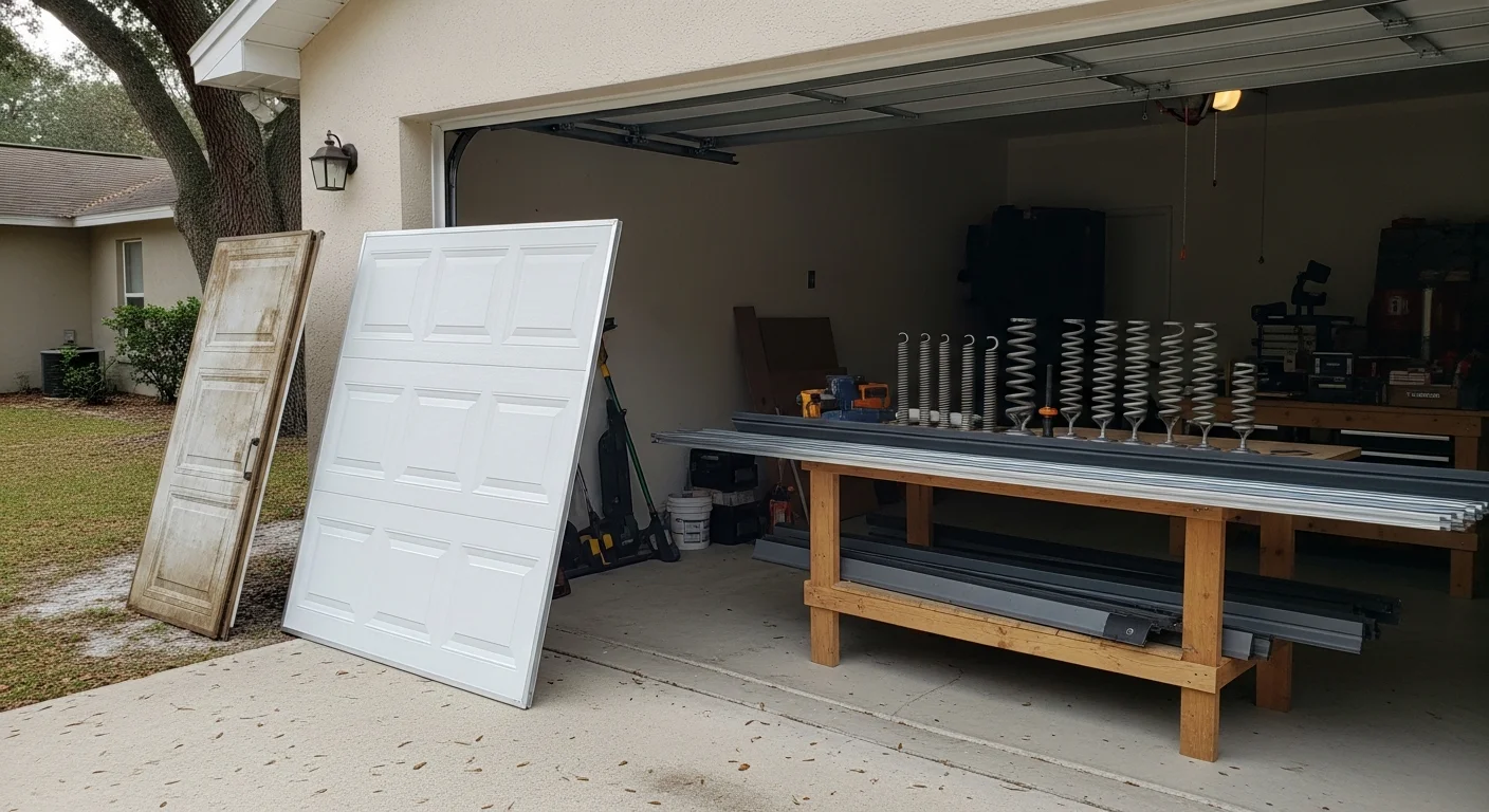 A newly installed residential garage door on a single-family home in High Springs, Florida, with clean panel lines and a flush bottom seal against the driveway. The surrounding yard shows the wooded, small-town character typical of High Springs neighborhoods.