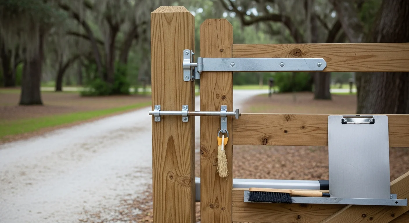 A residential driveway gate in High Springs, Florida being inspected by a gate contractor who is checking hinge alignment and latch hardware. The gate shows signs of Florida weather exposure, with the contractor adjusting components to restore smooth operation.