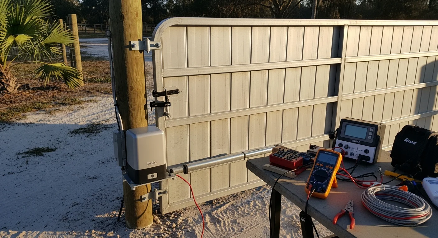 A newly installed automatic gate operator mounted at a residential driveway entrance in High Springs, Florida, with a swing gate in the closed position and a weatherproof control panel visible on the post.