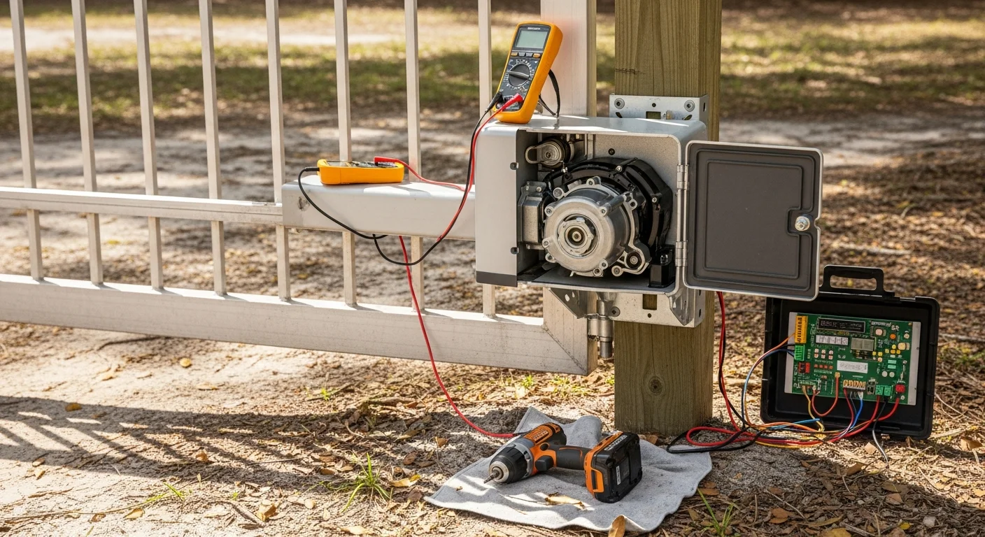 A residential driveway swing gate operator mounted on a concrete post in High Springs, Florida, with the gate in the open position after a completed repair. The surrounding landscape shows typical North Central Florida vegetation under a partly cloudy sky.
