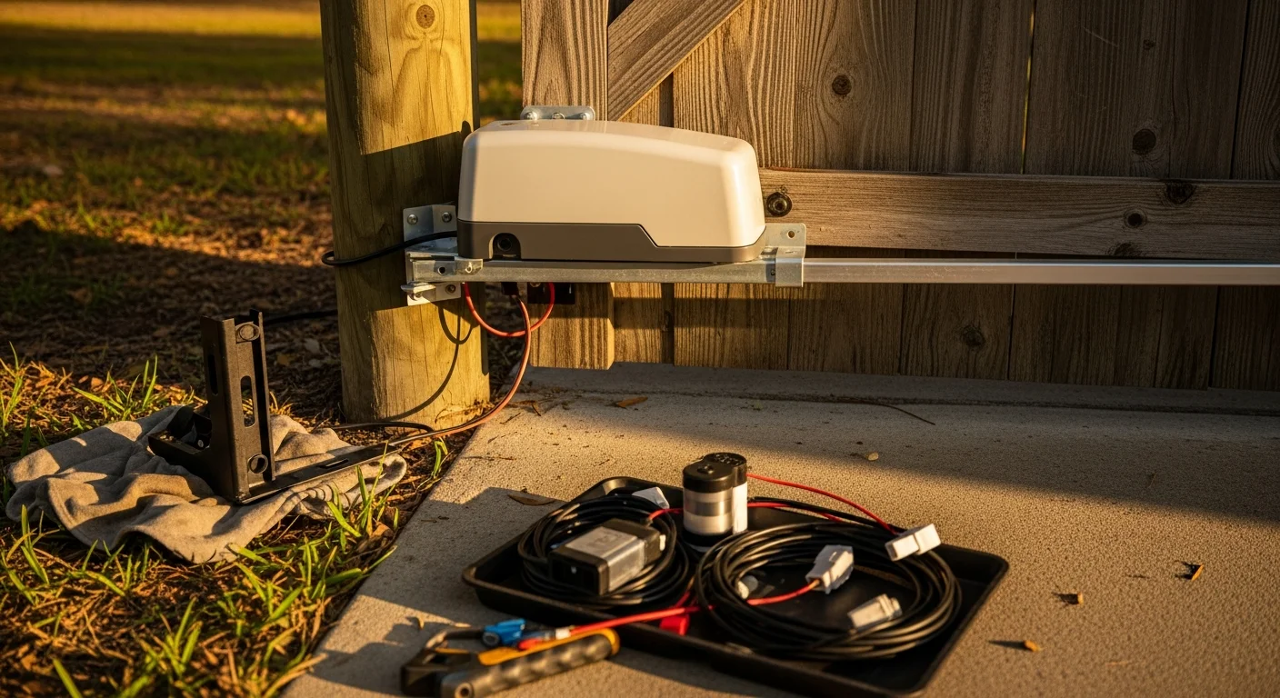 A residential driveway gate in High Springs, Florida with a newly installed swing gate operator mounted to a concrete post. The operator control arm is connected to the gate panel, with a clear view of the motor housing and wiring conduit secured along the post.