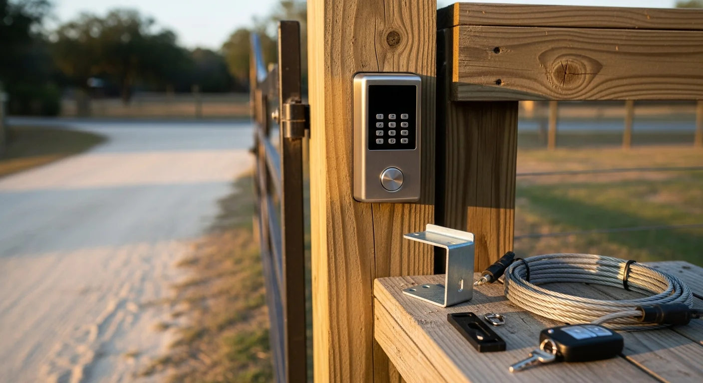 A residential driveway gate in High Springs, Florida fitted with a wall-mounted keypad access panel. The gate hardware shows weather-resistant construction suited to North Central Florida's humid outdoor conditions.