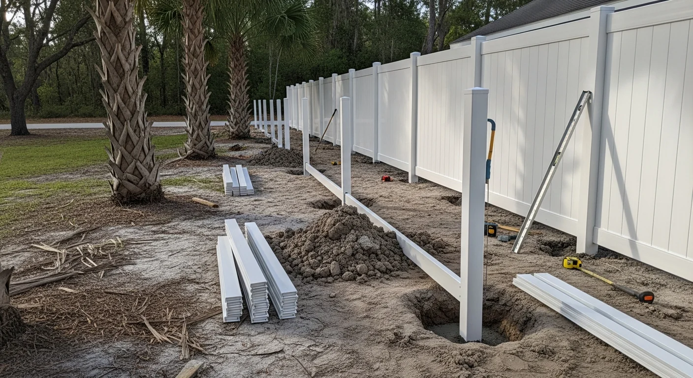 A white vinyl privacy fence installed along the backyard boundary of a residential home in High Springs, Florida. The fence panels are evenly spaced and plumb, with a gate visible on the left side and mature Florida trees in the background.