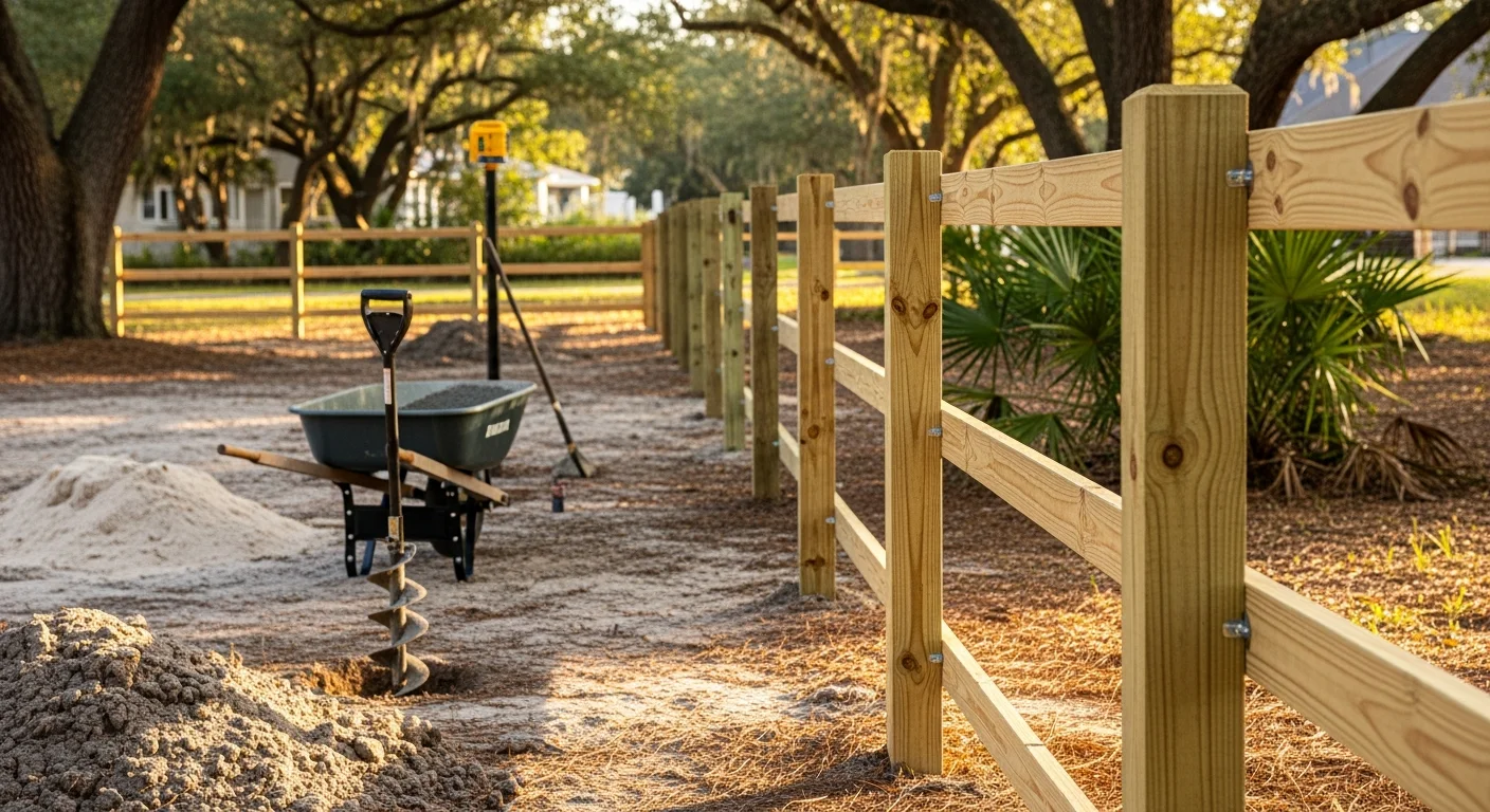 A newly installed wood privacy fence along the backyard boundary of a residential property in High Springs, Florida. Pressure-treated boards are evenly spaced and set on concrete-footed posts in sandy North Central Florida soil.